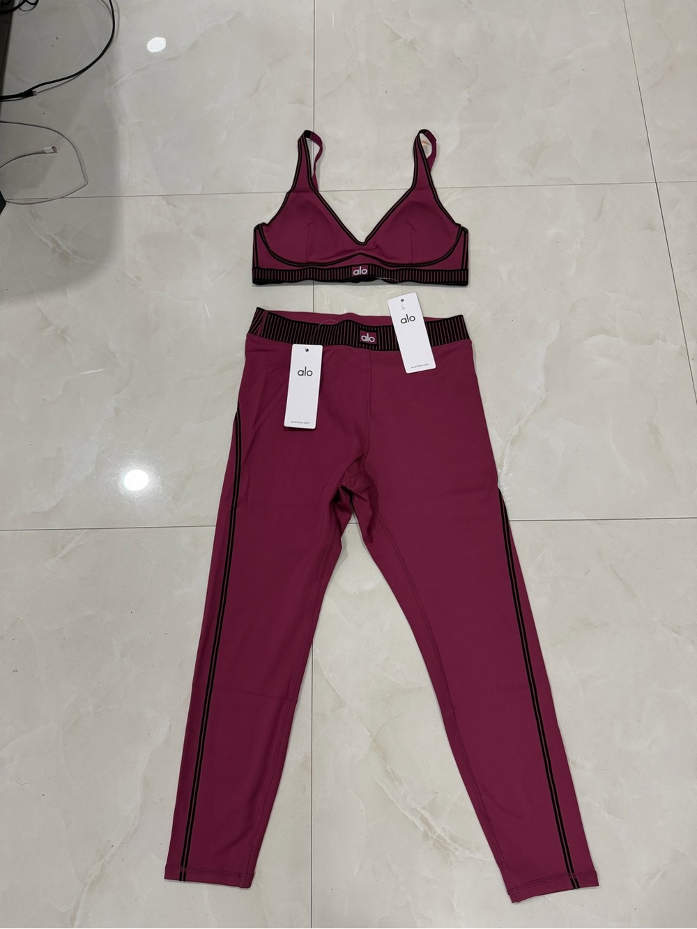 ALO Yoga Berry Sports Bra and Leggings Set with Black Trim